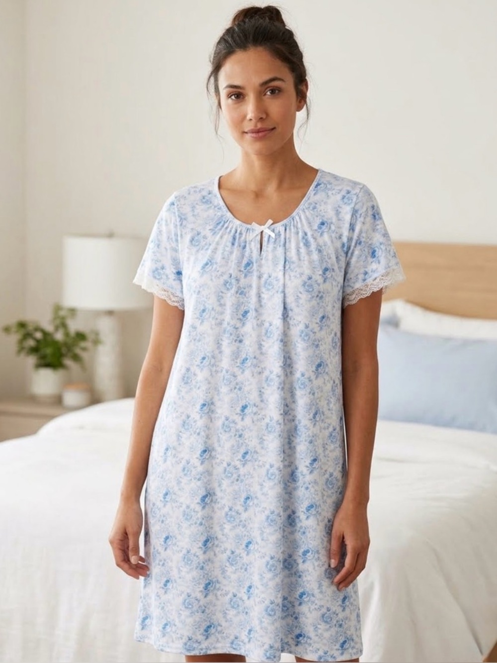 Women's Blue Floral Nightgown with Lace Trim
